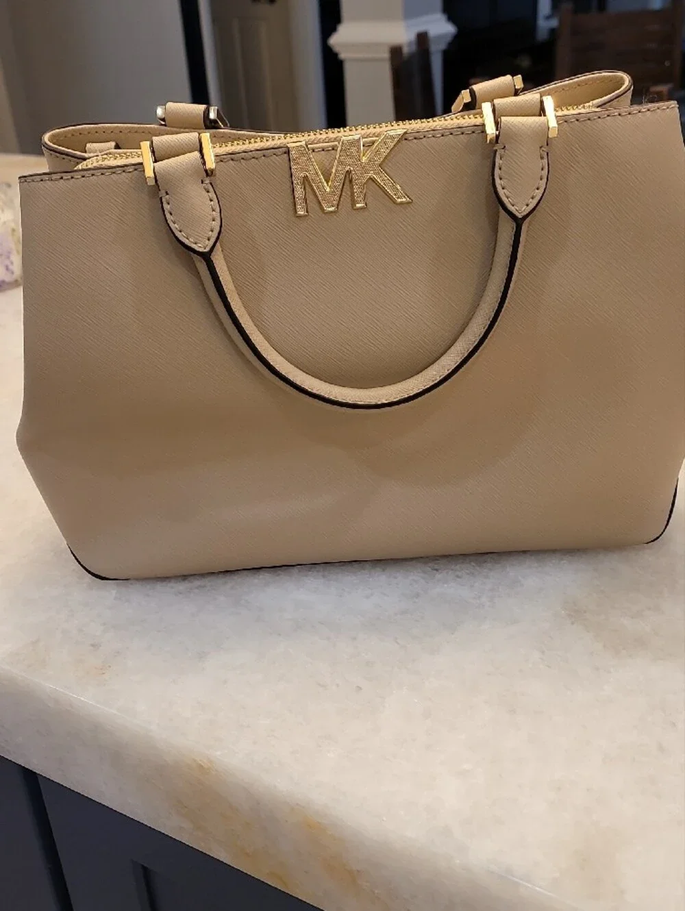 Michael Kors Taupe Saffiano Leather Satchel with Gold Hardware